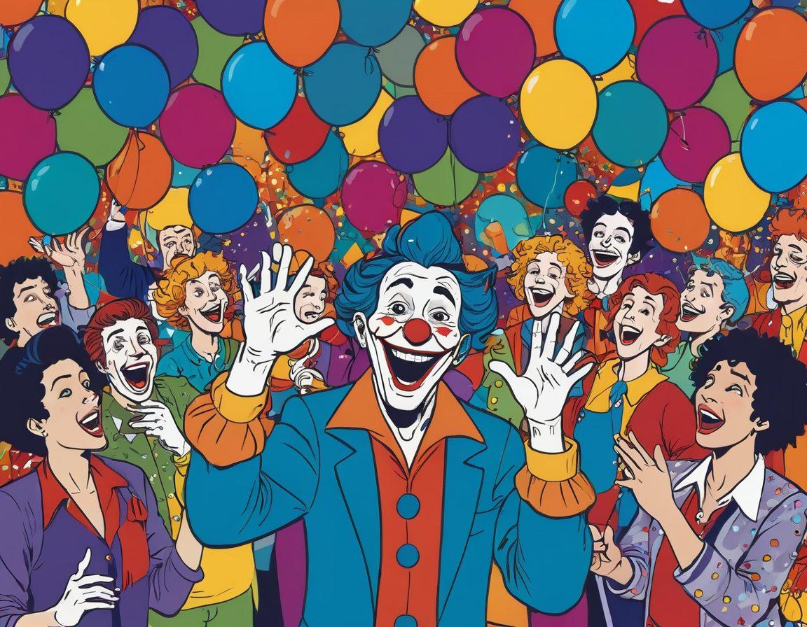 A whimsical cartoon scene featuring a jester juggling colorful balls, surrounded by a diverse group of serious-looking adults trying to hold back their laughter. Include speech bubbles with funny, cheesy jokes emanating from the jester. The background can be a vibrant carnival setting filled with balloons and confetti. playful style. vibrant colors. cartoonish.
