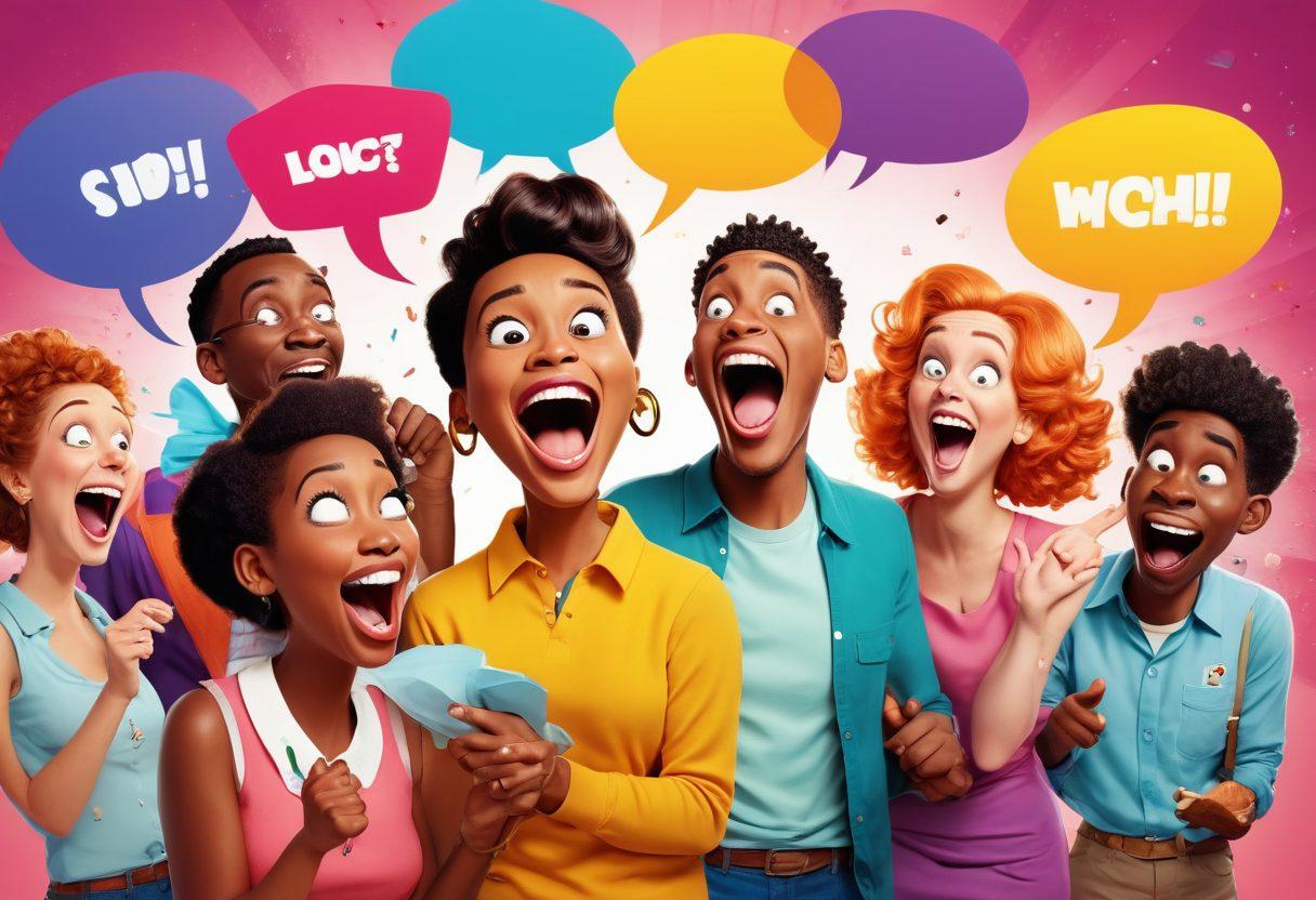 A whimsical cartoon scene featuring a group of diverse characters laughing hysterically while sharing absurd anecdotes, amidst an explosion of colorful speech bubbles filled with humorous quotes. The background should be lively, with exaggerated expressions and playful elements like oversized props or silly animals adding to the hilarity. The overall vibe is lighthearted and fun. cartoon style. vibrant colors. playful atmosphere.