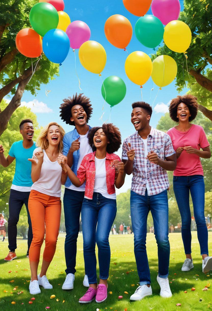 A cheerful cartoon scene depicting a diverse group of friends sharing laughter with colorful speech bubbles containing funny jokes, surrounded by balloons and confetti. The background features a sunny park with trees and laughter-themed decorations. The characters display exaggerated, joyful expressions, emphasizing the humor and fun atmosphere. vibrant colors. cartoon style. playful mood.